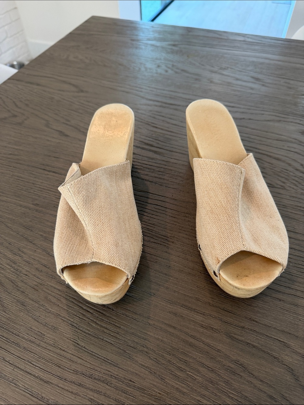 Cordani Beige Canvas Open-Toe Wedge Slides